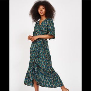 Blue and Green Ruffled Wrap Maxi Dress